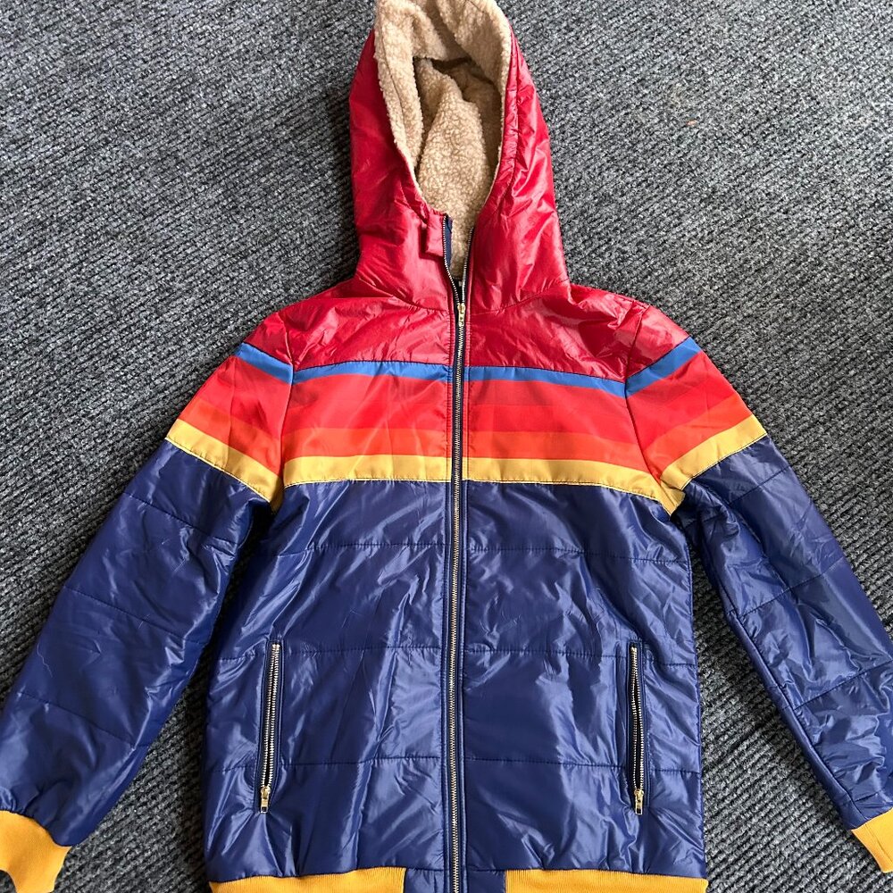 Size 6 - Rainbow Puffer Jacket - Women's Winter Coat, Slim Fit, Hooded Parka